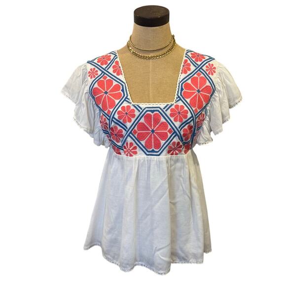 J.MARIE Embroidered Floral White/Pink Top Shirt Tunic Women size S Boho - Picture 1 of 7
